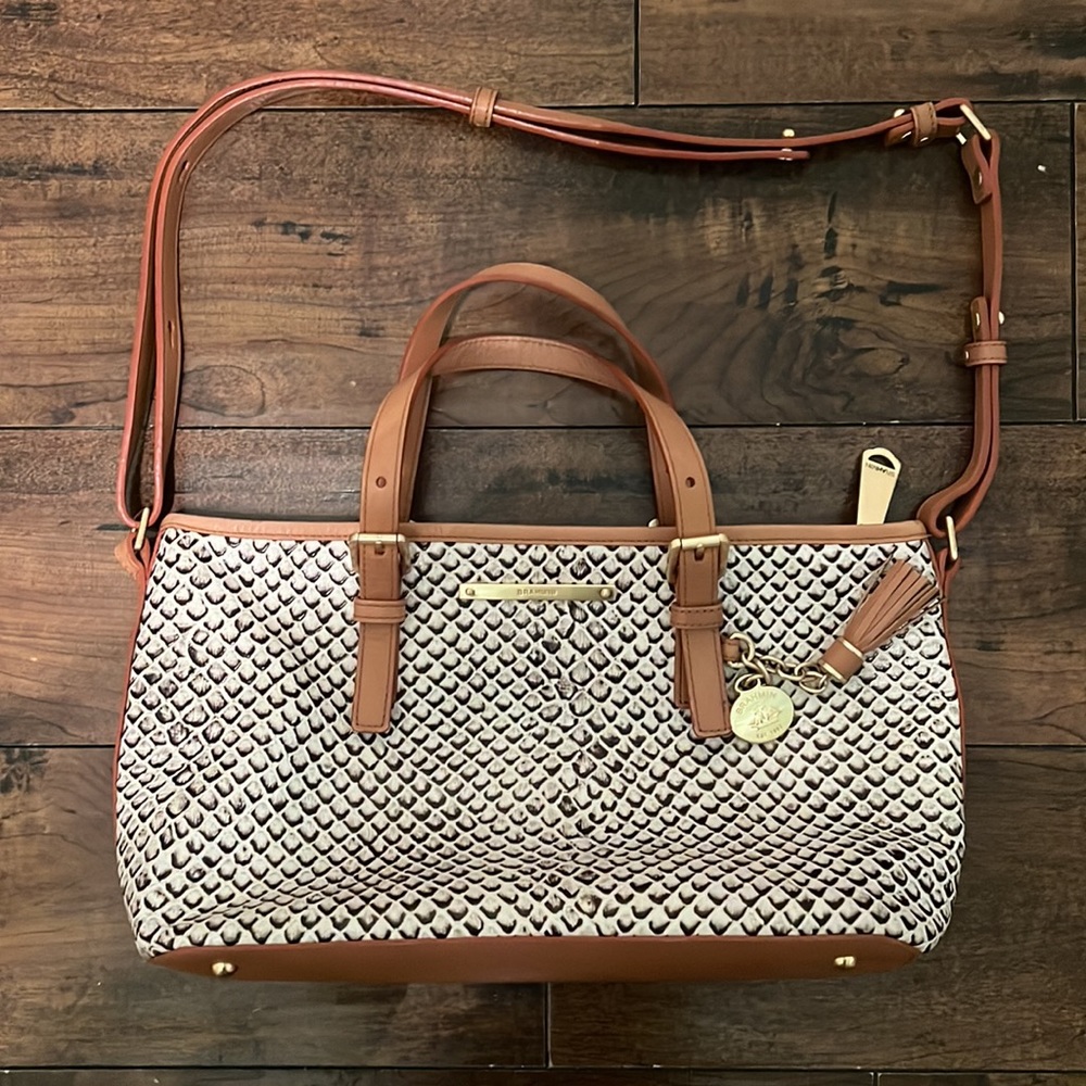 Brahmim Cream Black & Tan Leather Handbag Or Shoulder Bag. L 11 1/2” H 8”